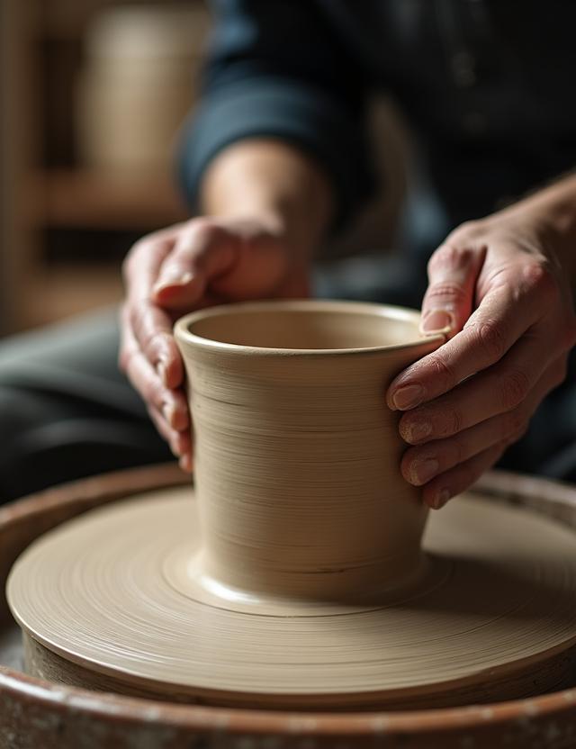 Artisan hands shaping a custom ceramic pet bowl on a pottery wheel