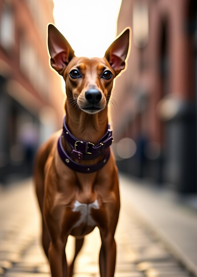 A stylish Whippet walking through a blurred London street wearing a premium Clay Paws collar
