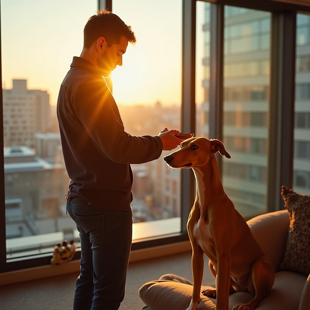 Owner grooming a calm dog in a sunny London apartment