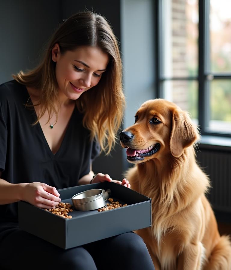 A happy pet owner unboxing a luxury gift set from ClayPaws Pets