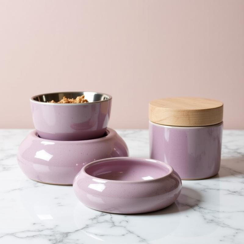 Matching set of ceramic pet bowls and treat jars