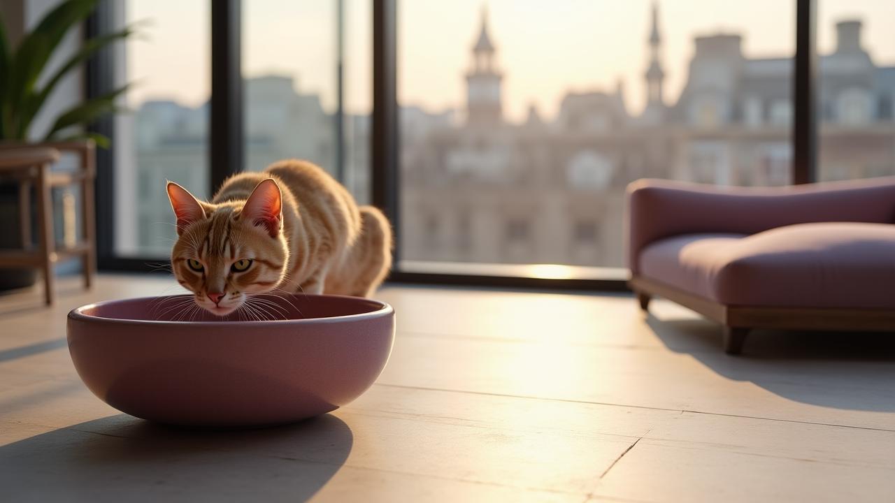 A modern London apartment featuring compact pet furniture and ceramic bowls
