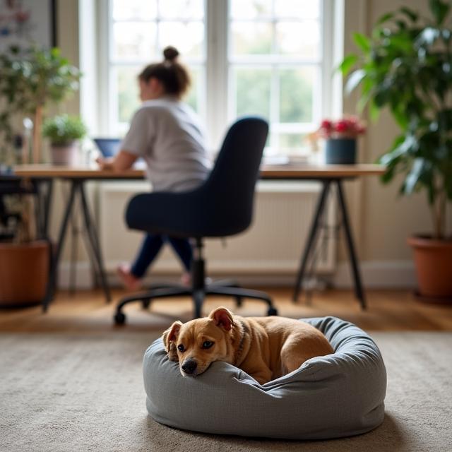A remote worker working in a compact home office with a pet nearby
